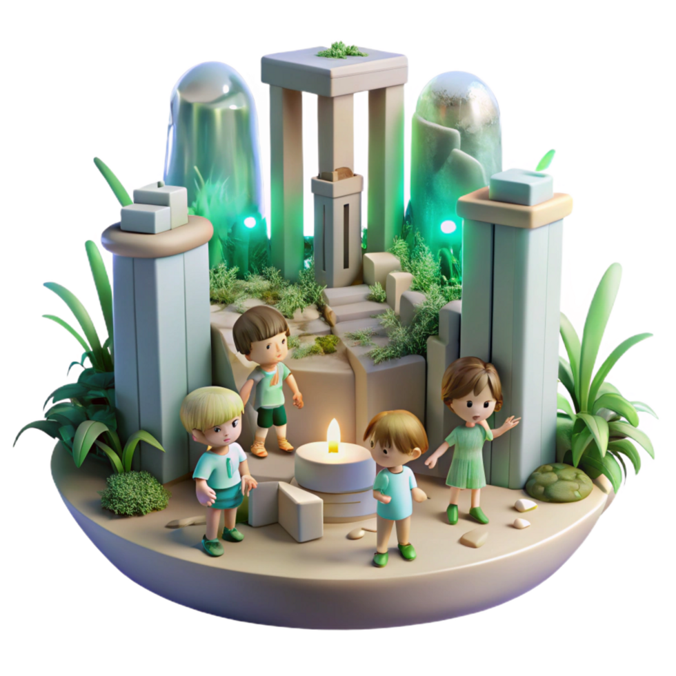 notable retro A group of children playing in the ruins of a futuristic city, overgrown with vegetation, soft, nostalgic lighting, painted in a whimsical style perfect clarity png