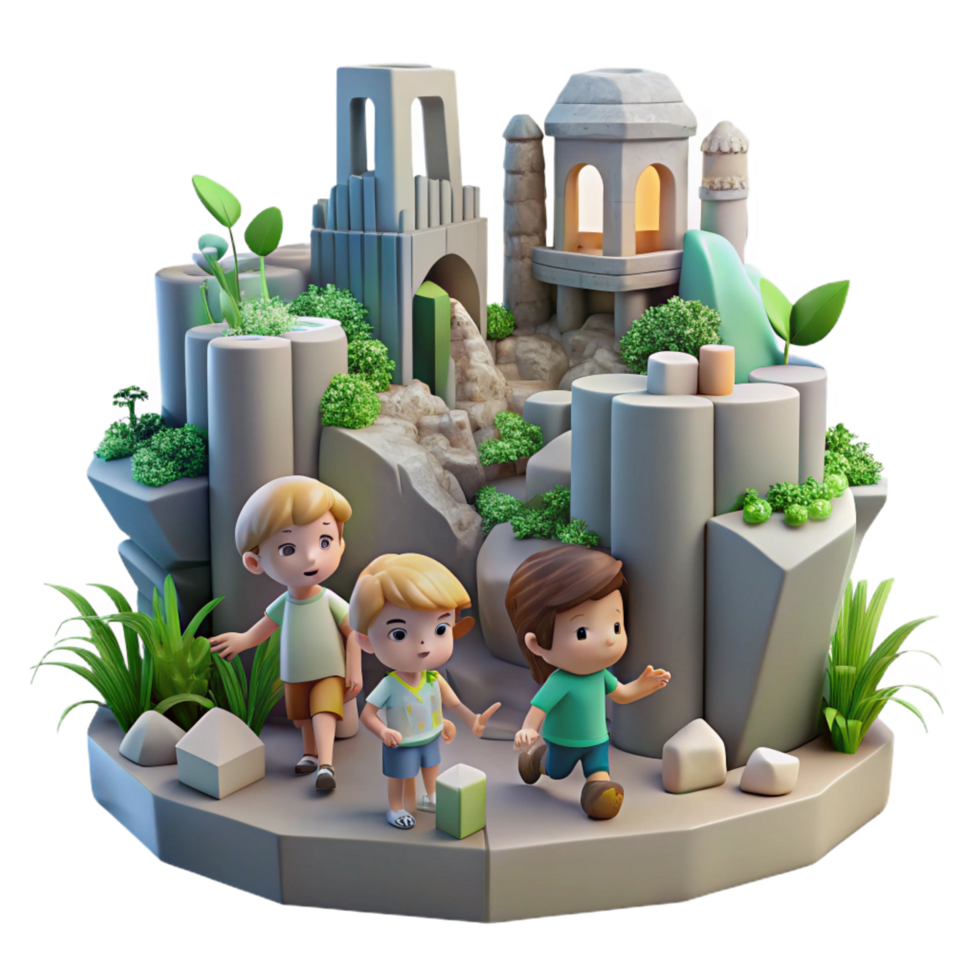 exquisite memorable A group of children playing in the ruins of a futuristic city, overgrown with vegetation, soft, nostalgic lighting, painted in a whimsical style png
