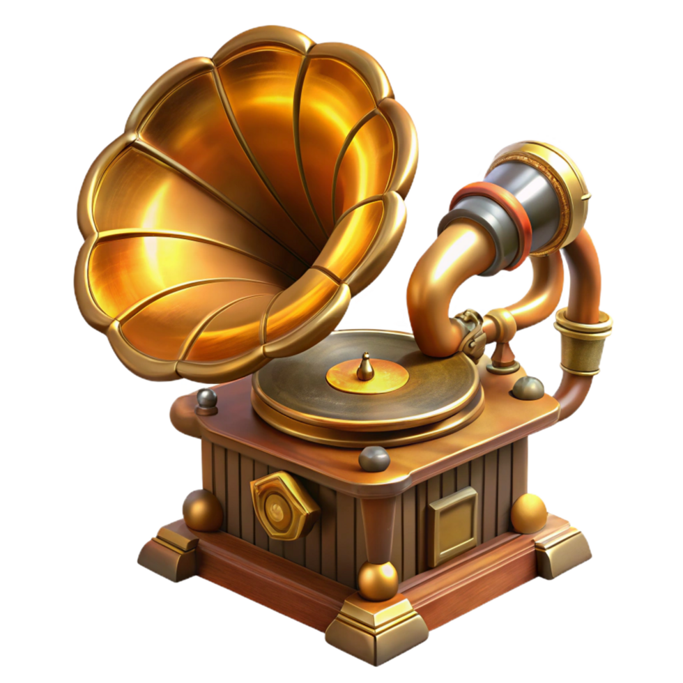 splendid inspired A steampunk gramophone, playing a crackling record, intricate brass horn and gears, warm, nostalgic lighting, vintage style png