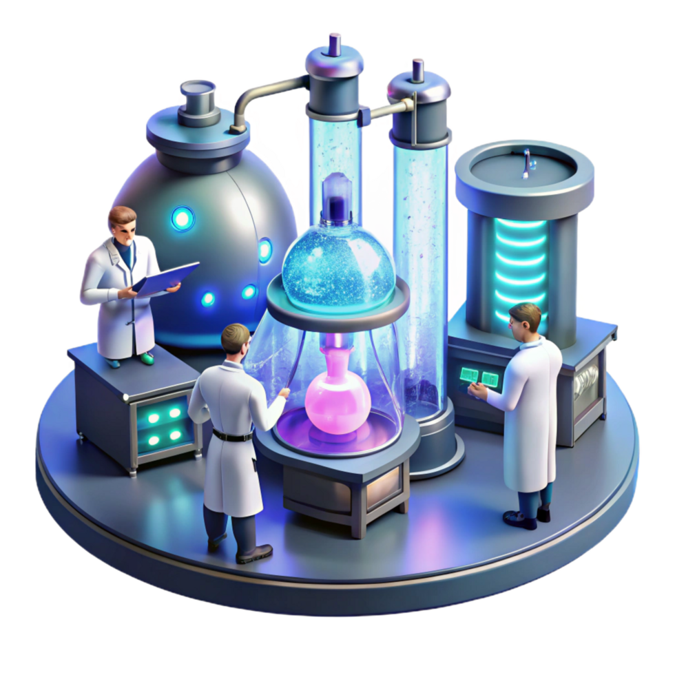 inspired tropical A futuristic laboratory filled with glowing equipment, scientists working in the background, sterile and bright lighting, science fiction illustration style genuine png