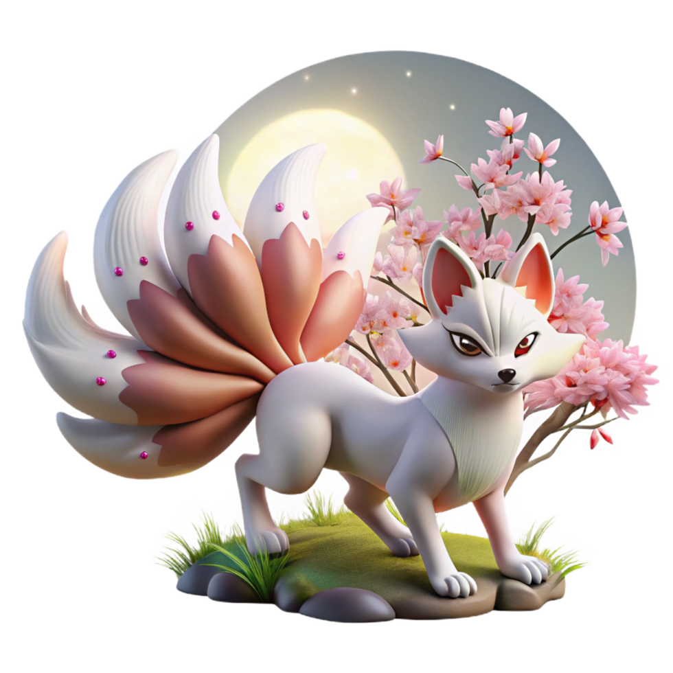 dazzling timeless A playful kitsune with nine tails, frolicking in a field of cherry blossoms under a full moon. Japanese folklore style png