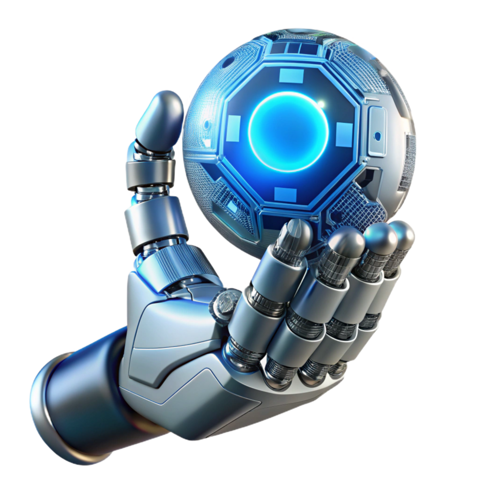 serene sought after A chrome robotic hand delicately holding a glowing orb of data, intricate wires and circuitry visible beneath the metallic skin, illuminated by a soft blue light, cyberpunk style png