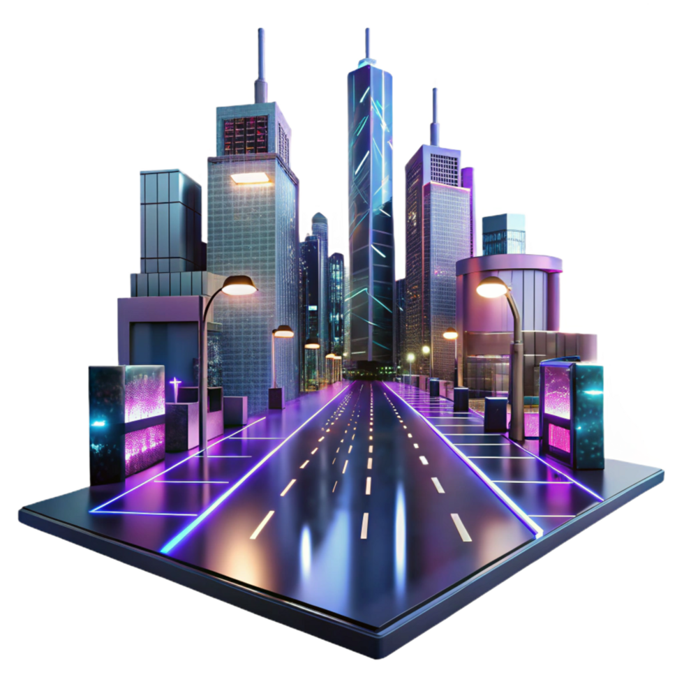 radiant tropical A futuristic cityscape reflected in a rain slicked street, illuminated by neon signs and headlights, cyberpunk style crisp png
