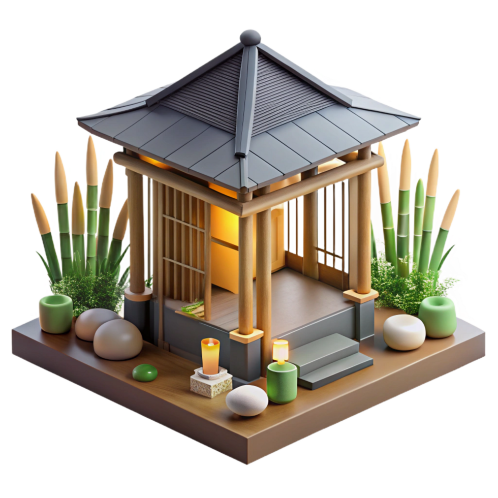 alluring modern A minimalist Japanese teahouse, bamboo and wood construction, soft natural light, serene atmosphere, zen garden in the foreground, traditional Japanese landscaping exclusive png