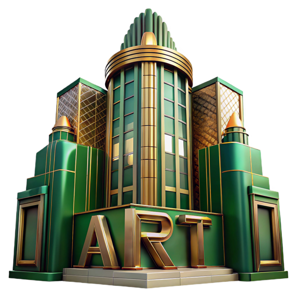 hypnotic unparalleled Art Deco skyscraper, emerald green and gold accents, sunset lighting, highly polished surfaces, intricate geometric patterns, stylized Art Deco font signage, cinematic lighting png