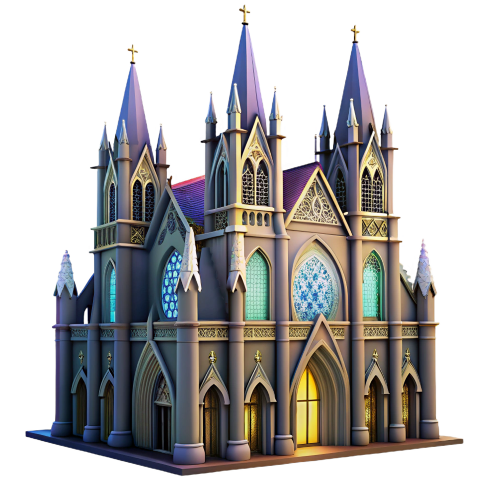 gorgeous geometric A towering Gothic cathedral with stained glass windows, dramatic lighting, intricate architectural details, soaring arches, sense of awe and reverence fine detail png