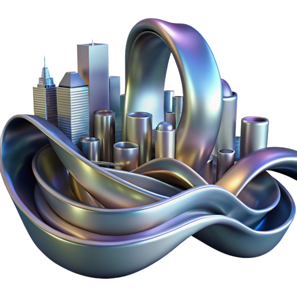 breathtaking acclaimed Flowing ribbons of liquid mercury, reflecting a distorted cityscape at night, surrealist style png