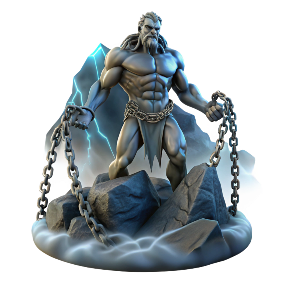 majestic nordic A powerful Titan chained to a mountaintop, dark and stormy atmosphere, Romantic painting style sharp png