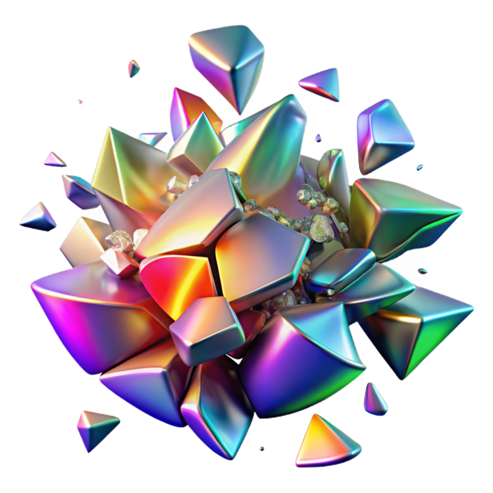 splendid dramatic tropical A chaotic explosion of shattered glass shards, reflecting a spectrum of rainbow colors, futuristic style impeccable png