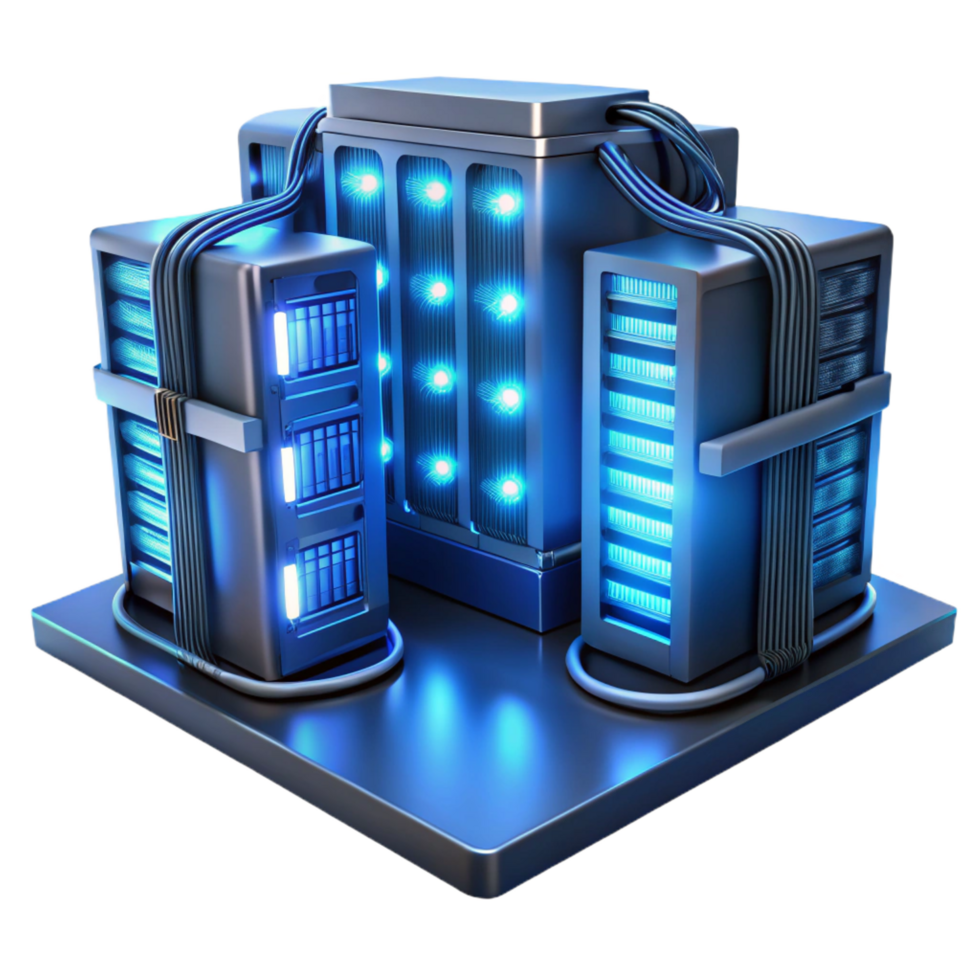 playful gorgeous A server room filled with blinking lights and cables, humming with energy, bathed in cool blue light, in a technological, industrial style artisan png