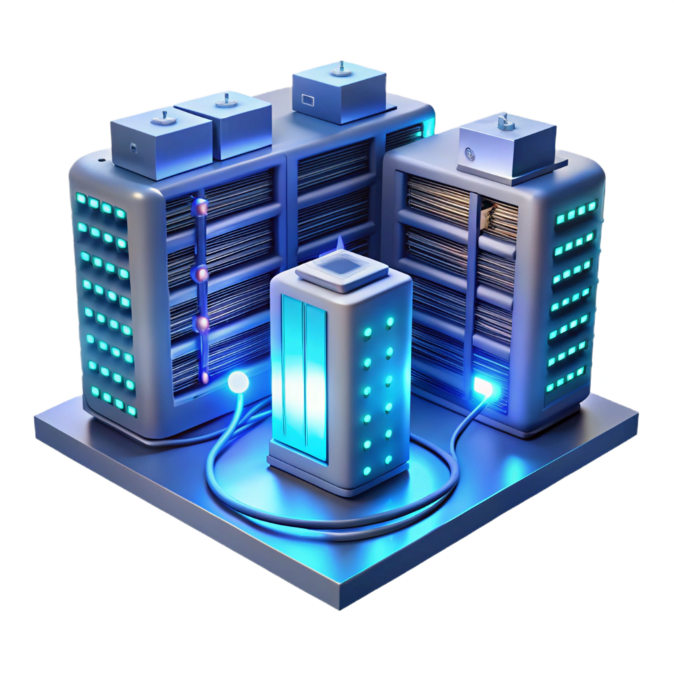 intense stunning A server room filled with blinking lights and cables, humming with energy, bathed in cool blue light, in a technological, industrial style artisan png