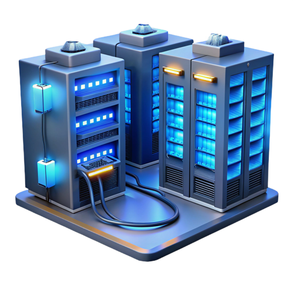 energetic enchanting A server room filled with blinking lights and cables, humming with energy, bathed in cool blue light, in a technological, industrial style ultra HD png