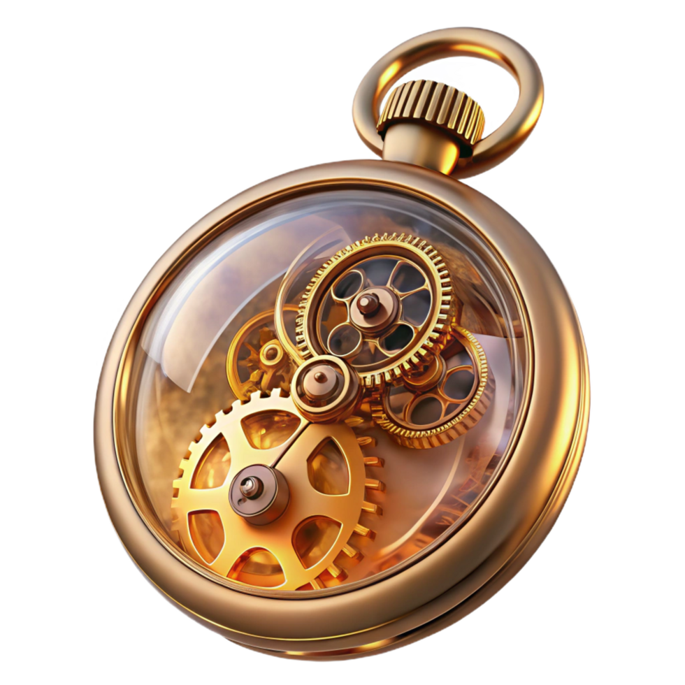gorgeous exemplary A steampunk pocket watch, intricate gears and springs visible through a crystal face, illuminated by a soft, warm light. Macro photography, highly detailed png