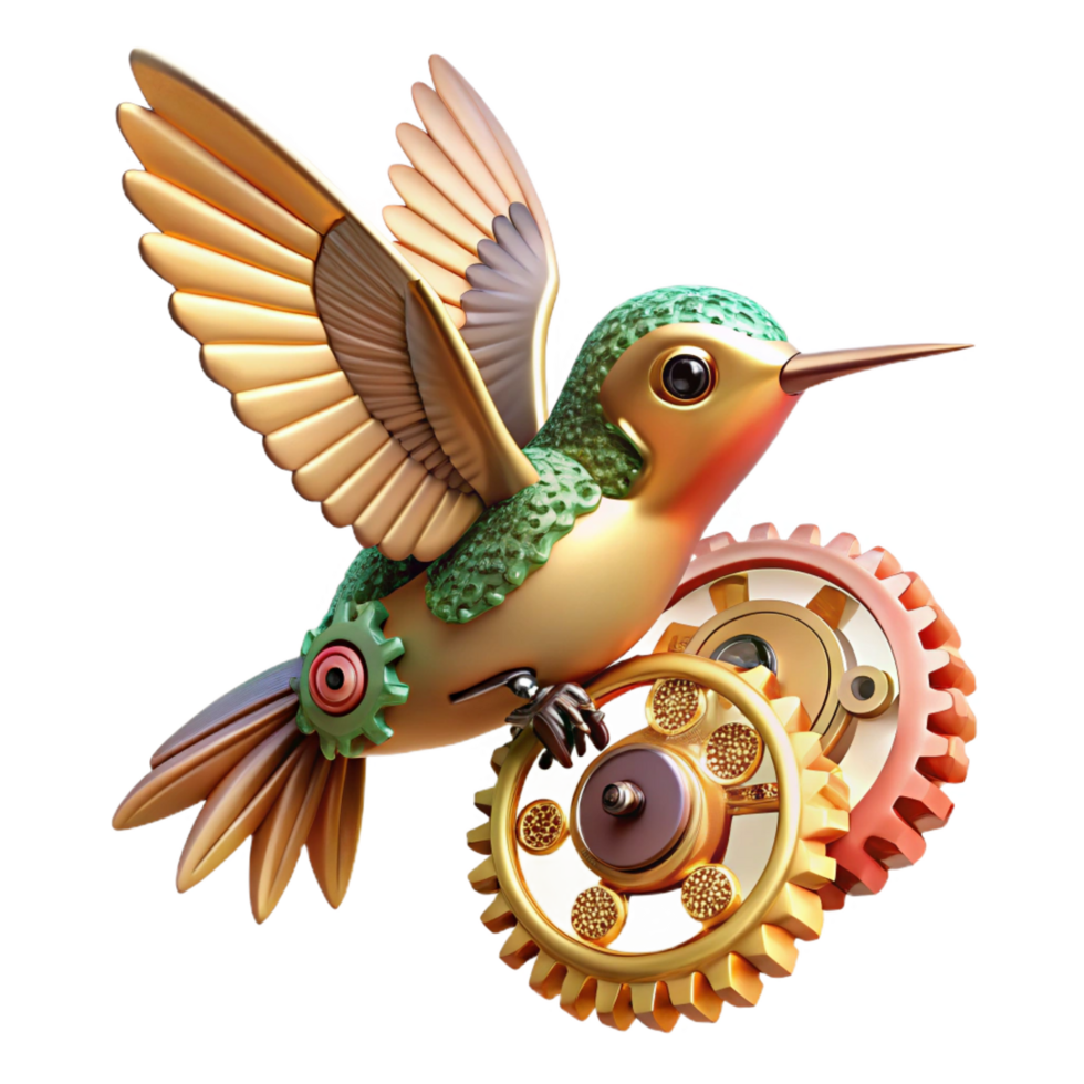 magnificent sought after A miniature steampunk robot hummingbird, hovering amidst gears and cogs, delicate and intricate, soft studio lighting png