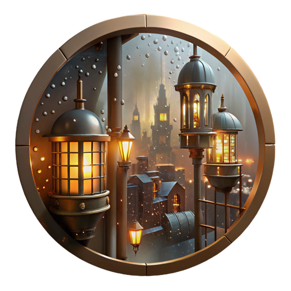 exceptional modern A steampunk cityscape, viewed through a rain streaked window, illuminated by the flickering glow of gaslights. Impressionistic style, muted colors refined png
