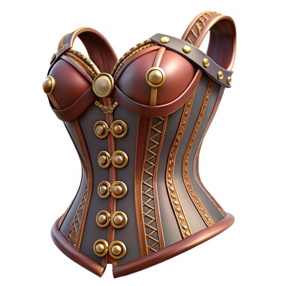 wonderful nostalgic retro A steampunk corset, intricate lacing and brass embellishments, fitted on a mannequin, soft studio lighting masterfully captured png