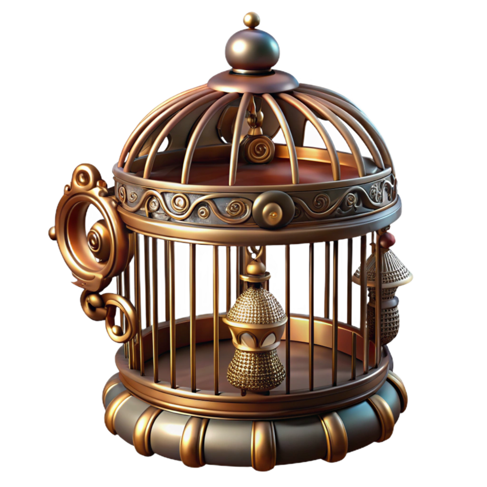 whimsical gorgeous A steampunk birdcage, ornate brass bars and intricate decorations, containing a mechanical bird, soft window lighting precision png