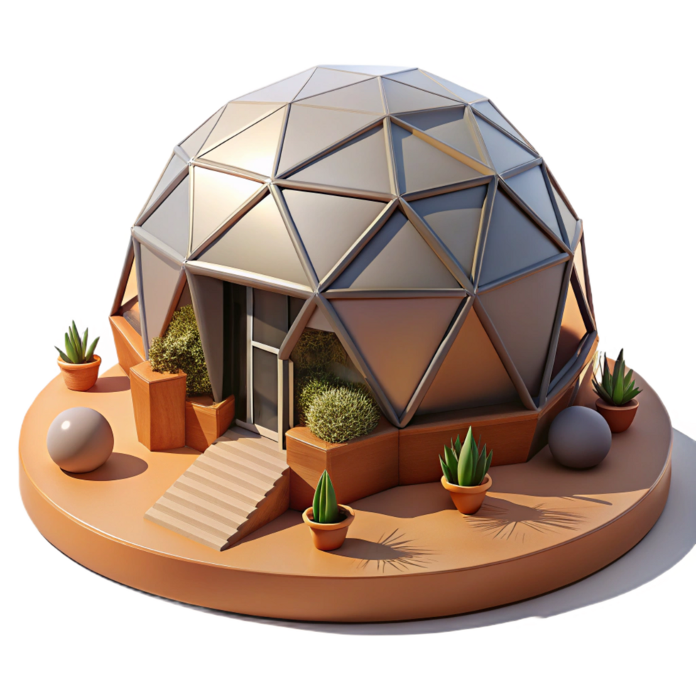 elegant acclaimed A geodesic dome house, futuristic design, minimalist interior, desert landscape, eco friendly, png