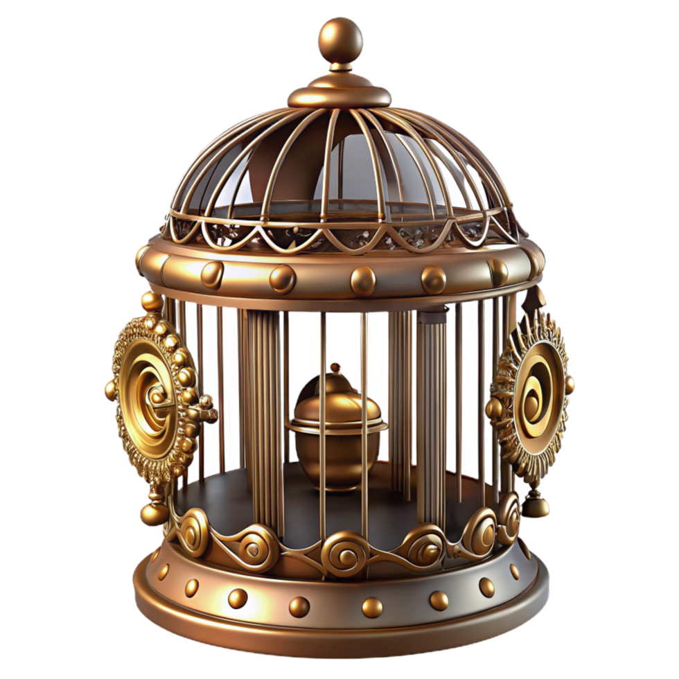 magnificent futuristic A steampunk birdcage, ornate brass bars and intricate decorations, containing a mechanical bird, soft window lighting fine detail png