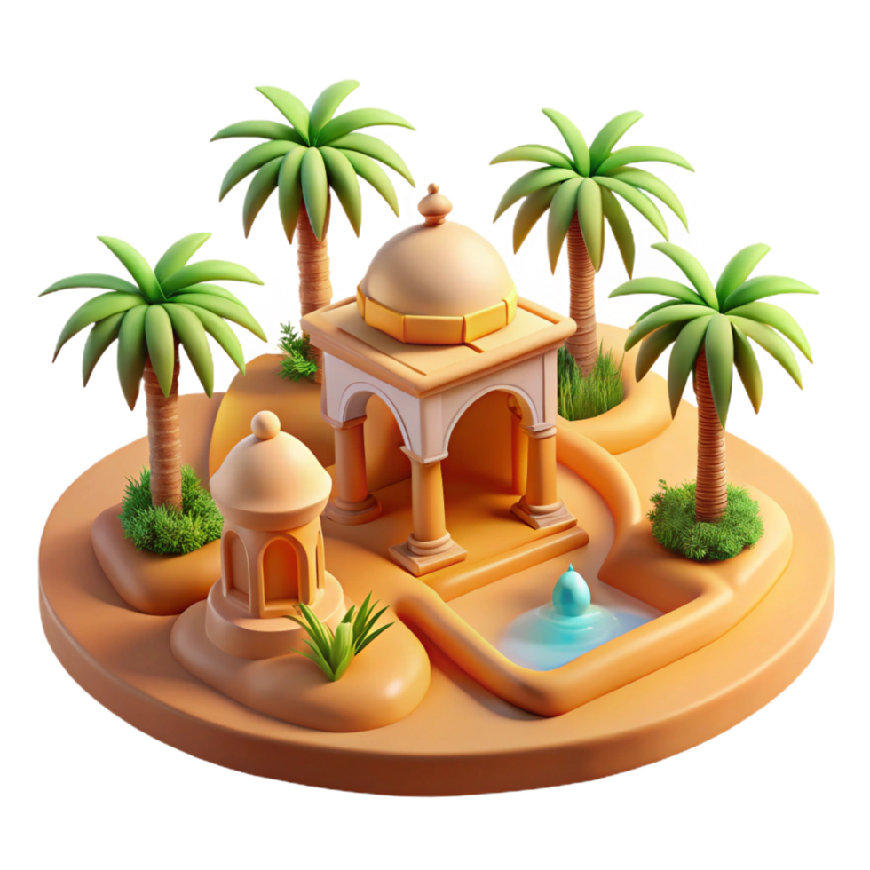 romantic elegant A desert oasis with palm trees and a small temple, warm sunlight, peaceful atmosphere, realistic, vibrant, top tier png