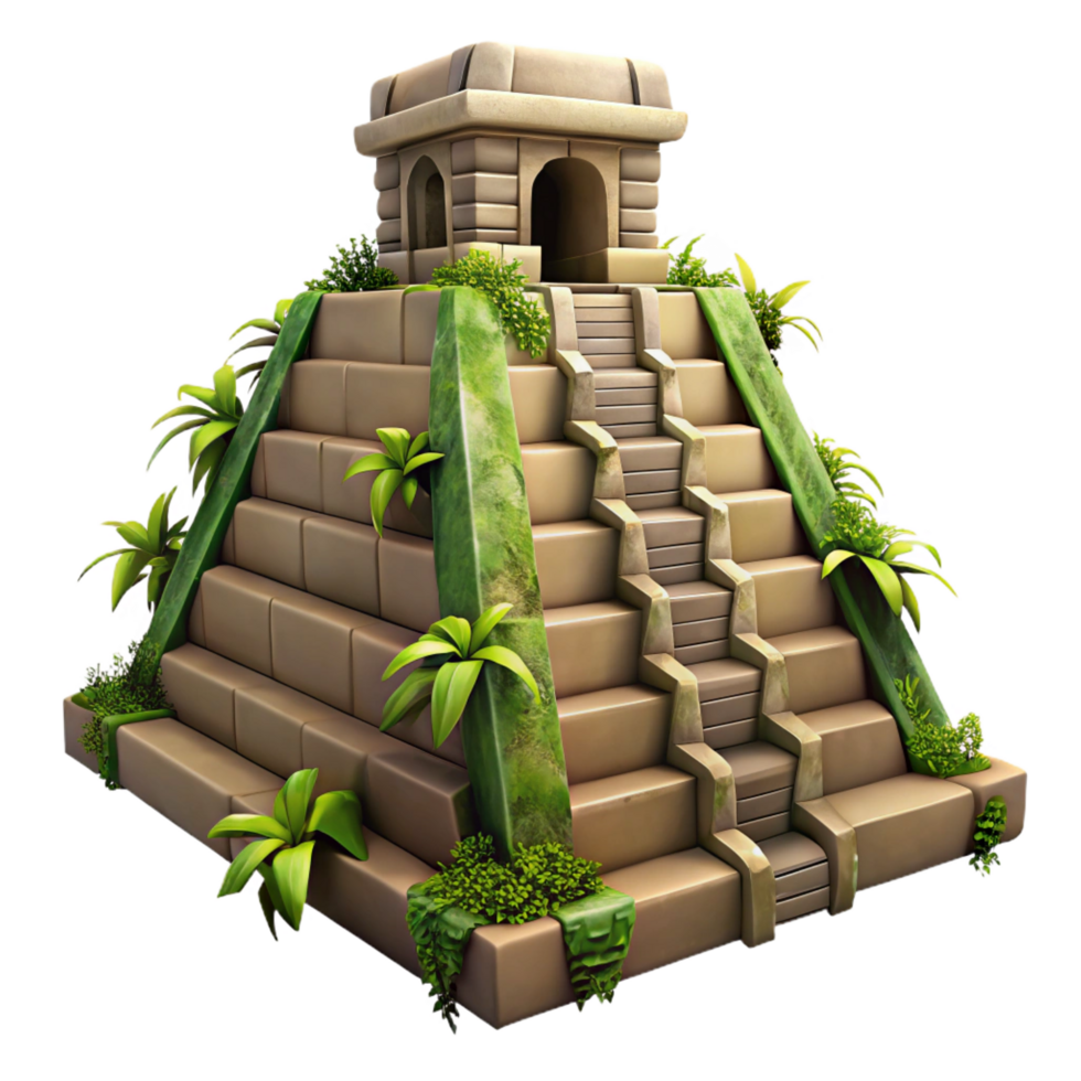 dreamy captivating A Mayan pyramid in the jungle, overgrown with vines, mysterious atmosphere, ancient civilization, realistic, masterfully captured png