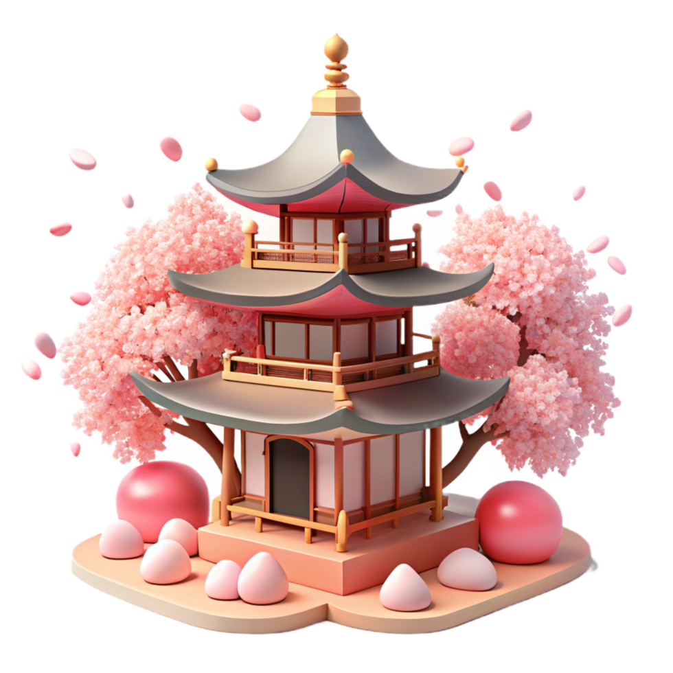 sumptuous art deco A Japanese pagoda surrounded by cherry blossoms in full bloom, soft pink light, serene atmosphere, gallery standard png