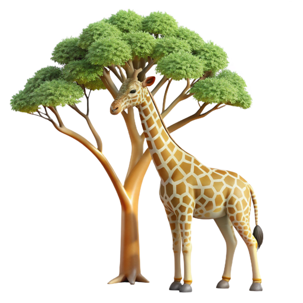 mesmerizing calm retro A majestic giraffe reaching for leaves on a tall tree, African savanna setting, photorealistic style fine detail png