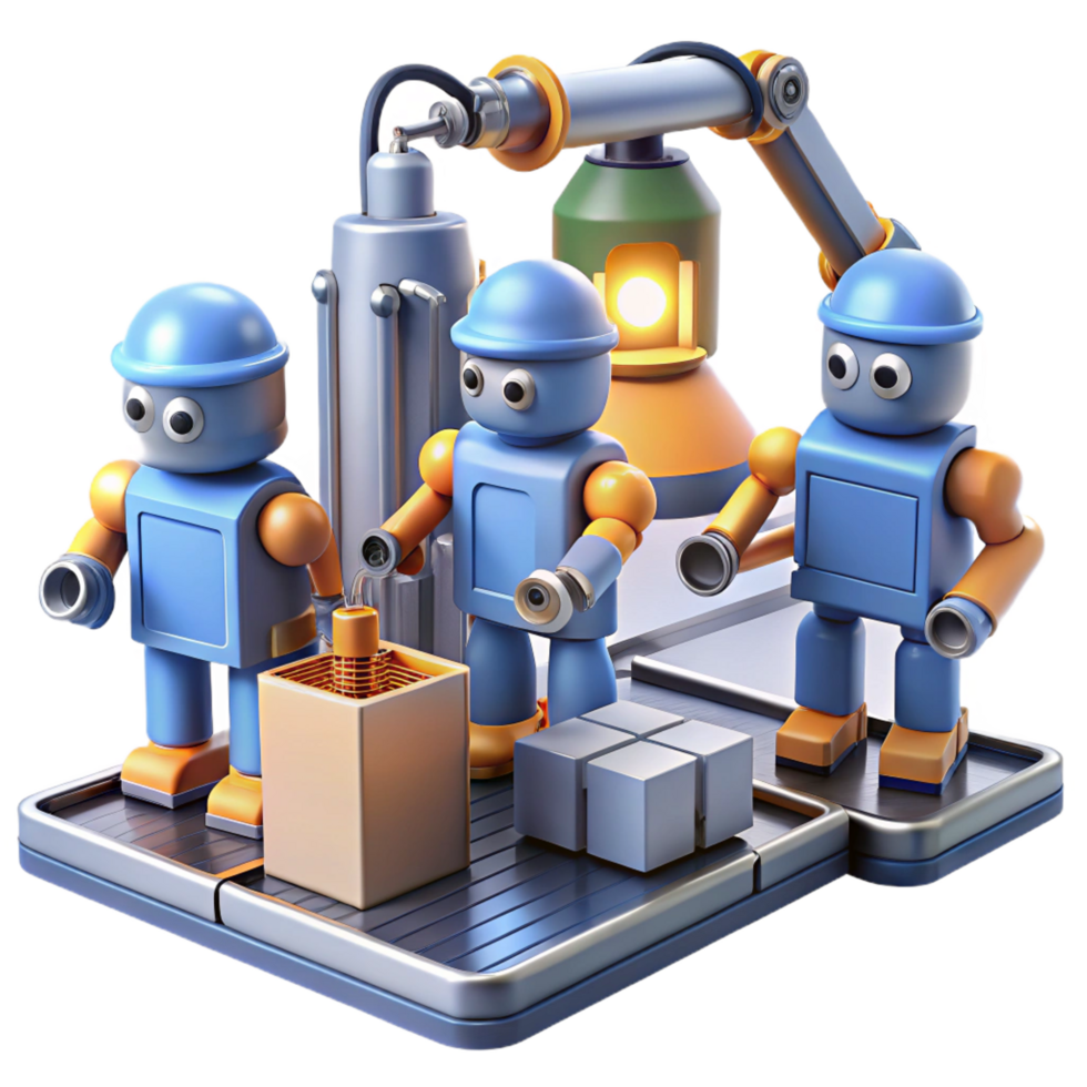 stunning dynamic elegant A group of robots working in a factory, industrial lighting, realistic style high resolution png