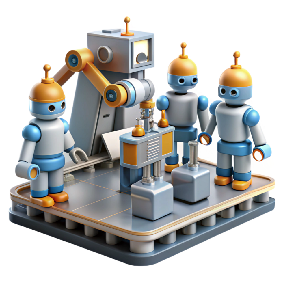 beautiful tropical A group of robots working in a factory, industrial lighting, realistic style detailed png