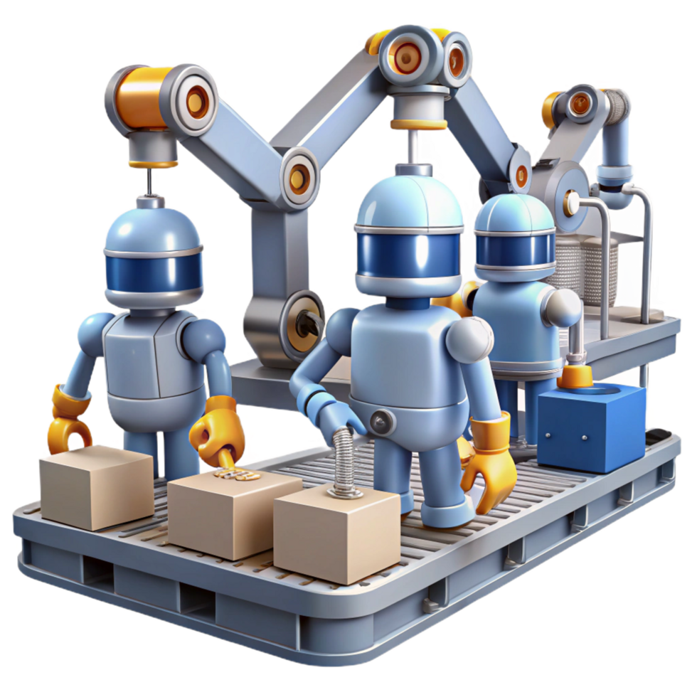 nostalgic gorgeous A group of robots working in a factory, industrial lighting, realistic style original png
