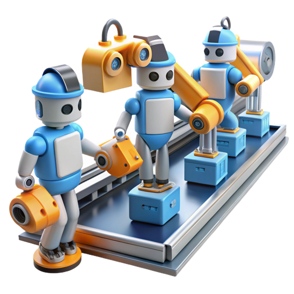 picturesque distinctive A group of robots working in a factory, automated assembly line, bright, industrial lighting, realistic style png