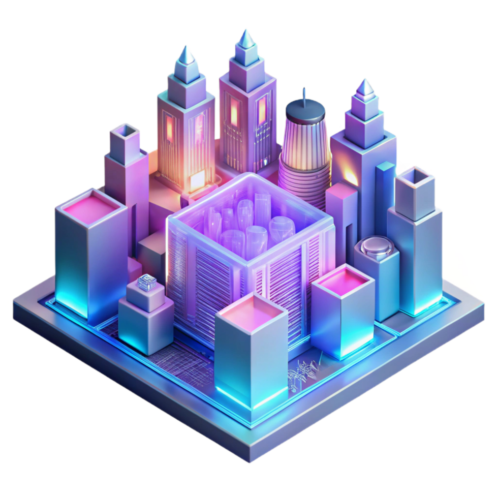 pristine elegant A holographic projection of a futuristic city, intricate circuitry lines pulsate with light, cyberpunk aesthetic, neon pink and blue hues, isometric view premium png