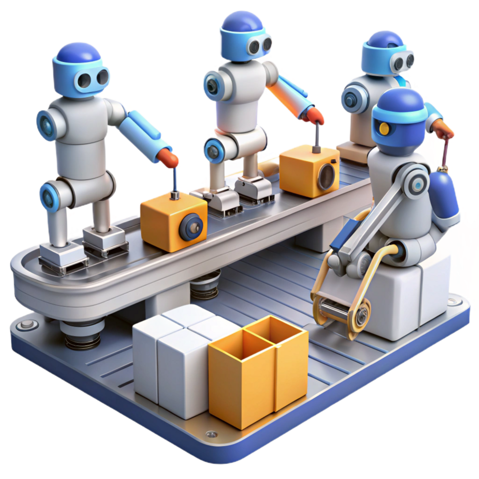 bold immaculate A group of robots working in a factory, automated assembly line, bright, industrial lighting, realistic style expertly shot png