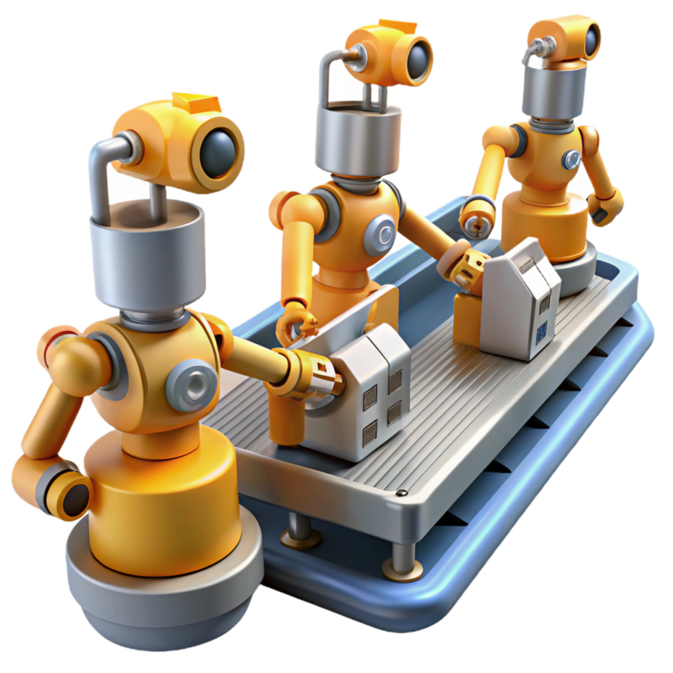 exemplary art deco A group of robots working in a factory, automated assembly line, bright, industrial lighting, realistic style top tier png