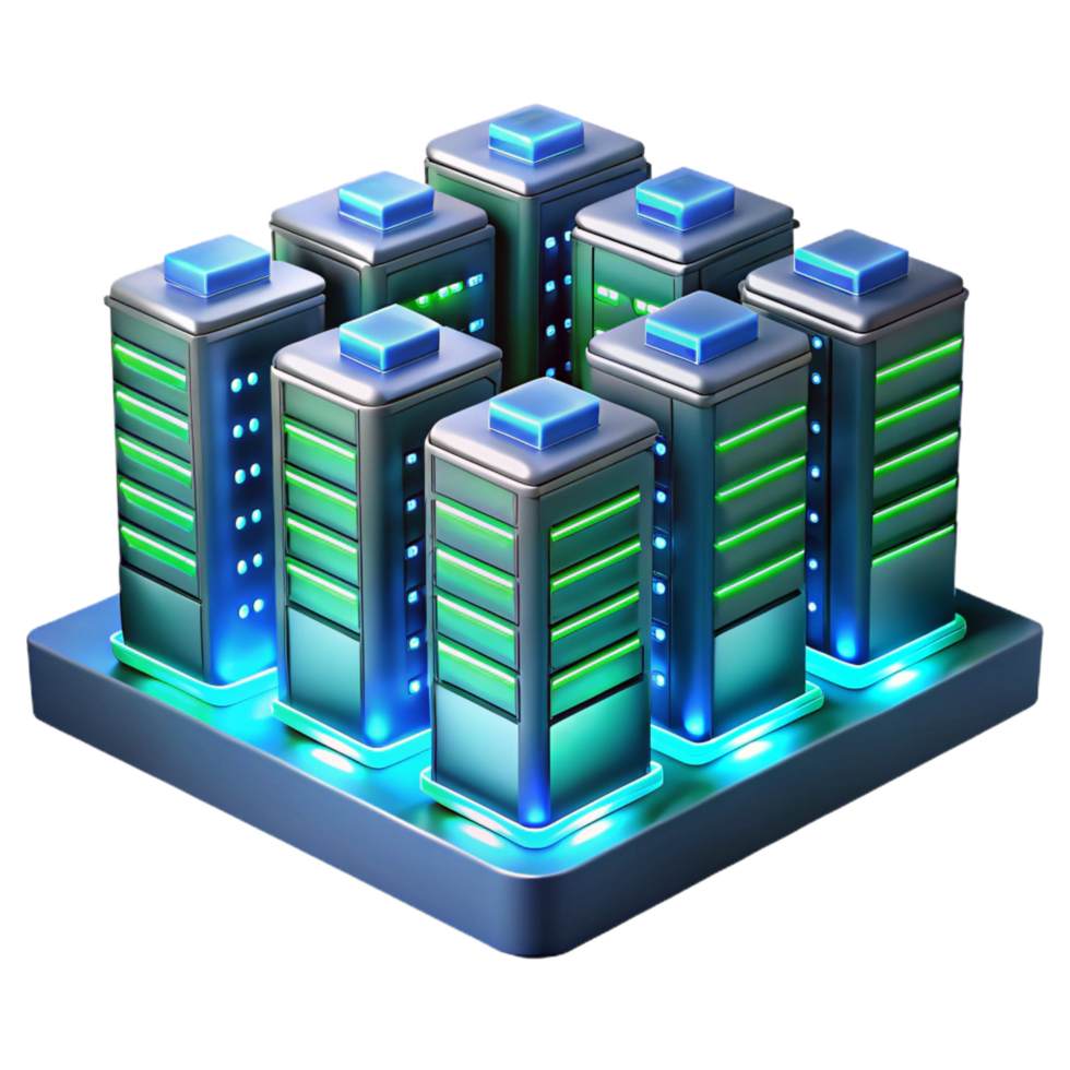 magnificent ethereal modern A futuristic server room, endless rows of glowing servers, cool blue and green hues, perspective view, hyperrealistic style professional png