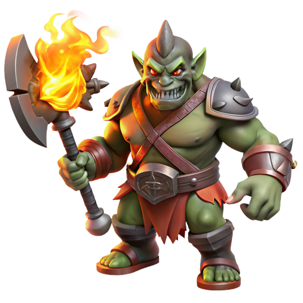 calm picturesque A fierce orc warrior wielding a flaming battleaxe, dramatic chiaroscuro lighting, dynamic and gritty style high quality png