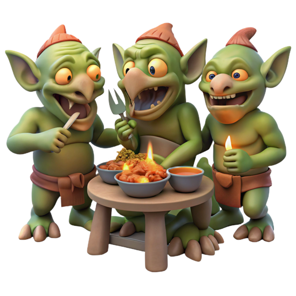 serene coastal A group of goblins feasting in a dark forest, firelight, grotesque and detailed style ultra HD png