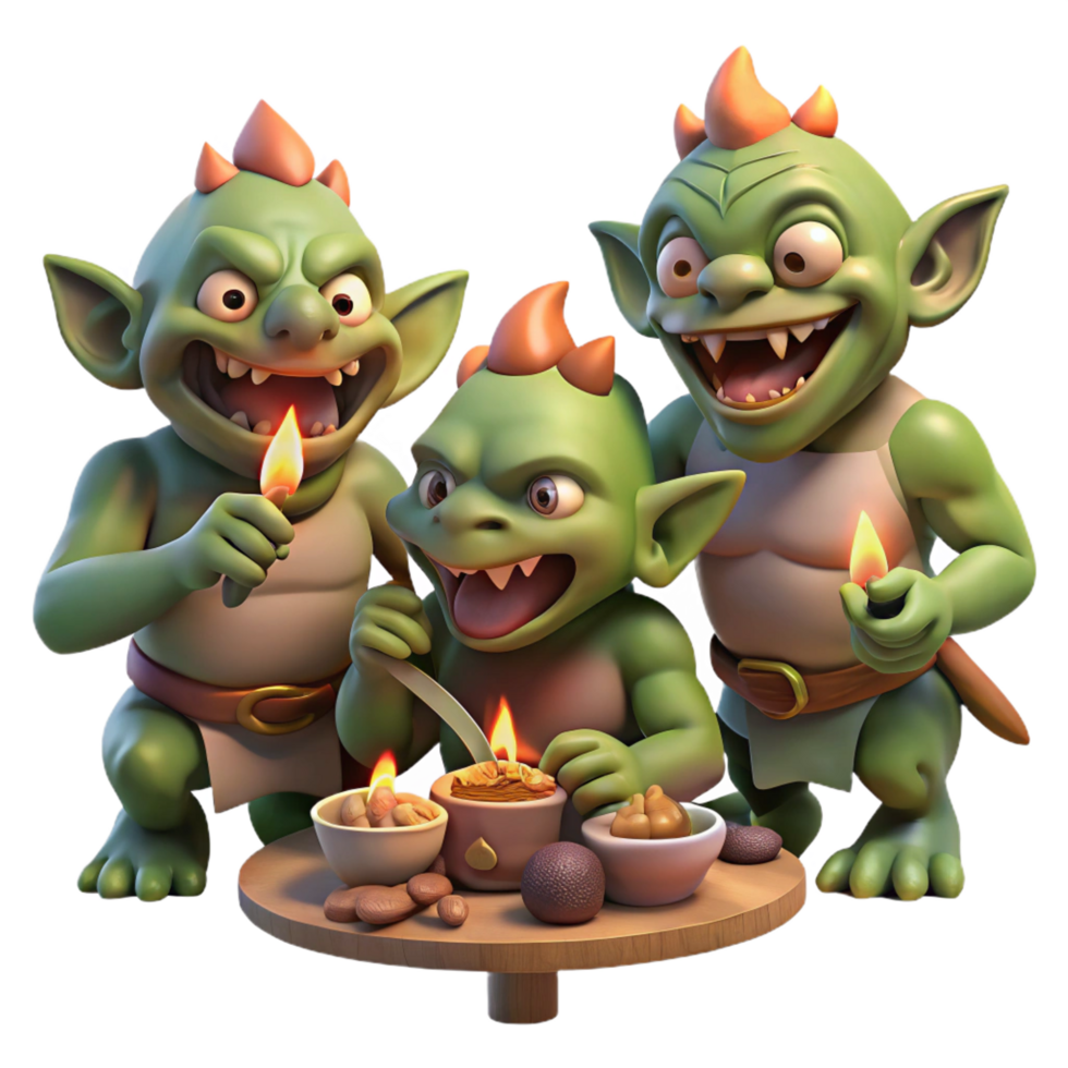 wonderful unparalleled A group of goblins feasting in a dark forest, firelight, grotesque and detailed style png