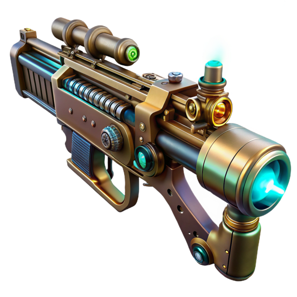 picturesque inspired A steampunk weapon, a rifle with intricate clockwork mechanisms and glowing tubes, resting on a workbench, illuminated by a single spotlight. Detailed, futuristic style png