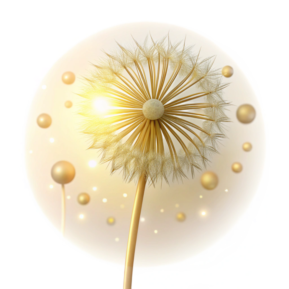 tranquil majestic A single dandelion seedhead, backlit by golden sunlight, bokeh effect, delicate and ethereal, handcrafted png