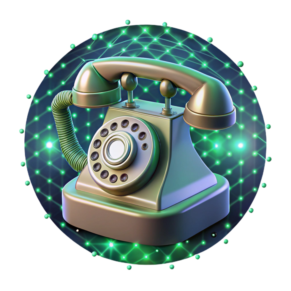 dreamy dramatic A vintage rotary telephone floating in a zero gravity environment, surrounded by binary code, illuminated by soft green light in a surreal style 4K png