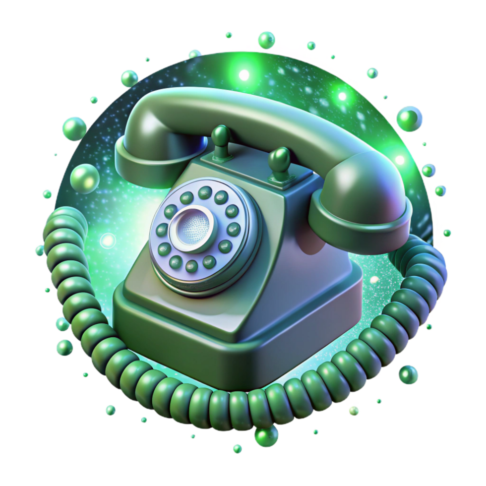 glorious distinguished A vintage rotary telephone floating in a zero gravity environment, surrounded by binary code, illuminated by soft green light in a surreal style png