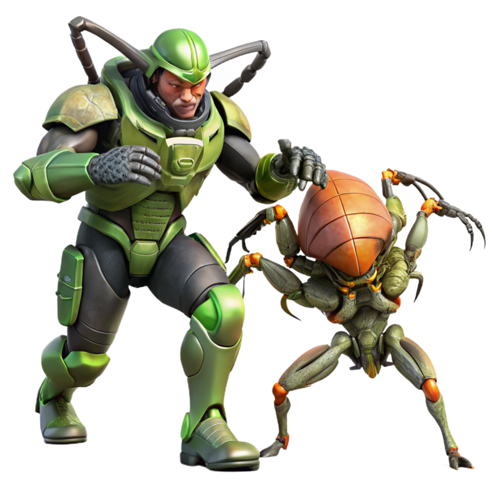 romantic magnificent A futuristic soldier in power armor, battling a giant alien insect, dynamic pose, dramatic lighting, comic book style, artisan png