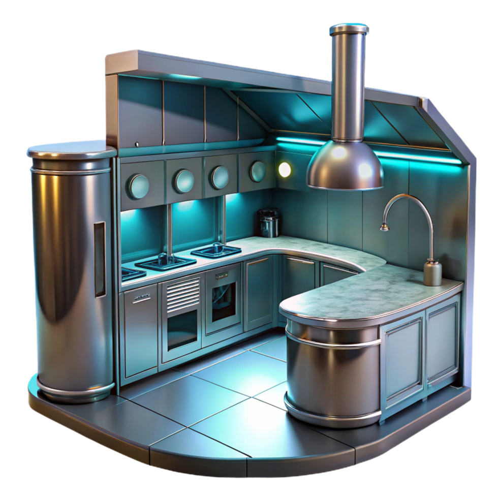 striking inspired A futuristic kitchen, sleek design, metallic texture, studio lighting, concept art, png
