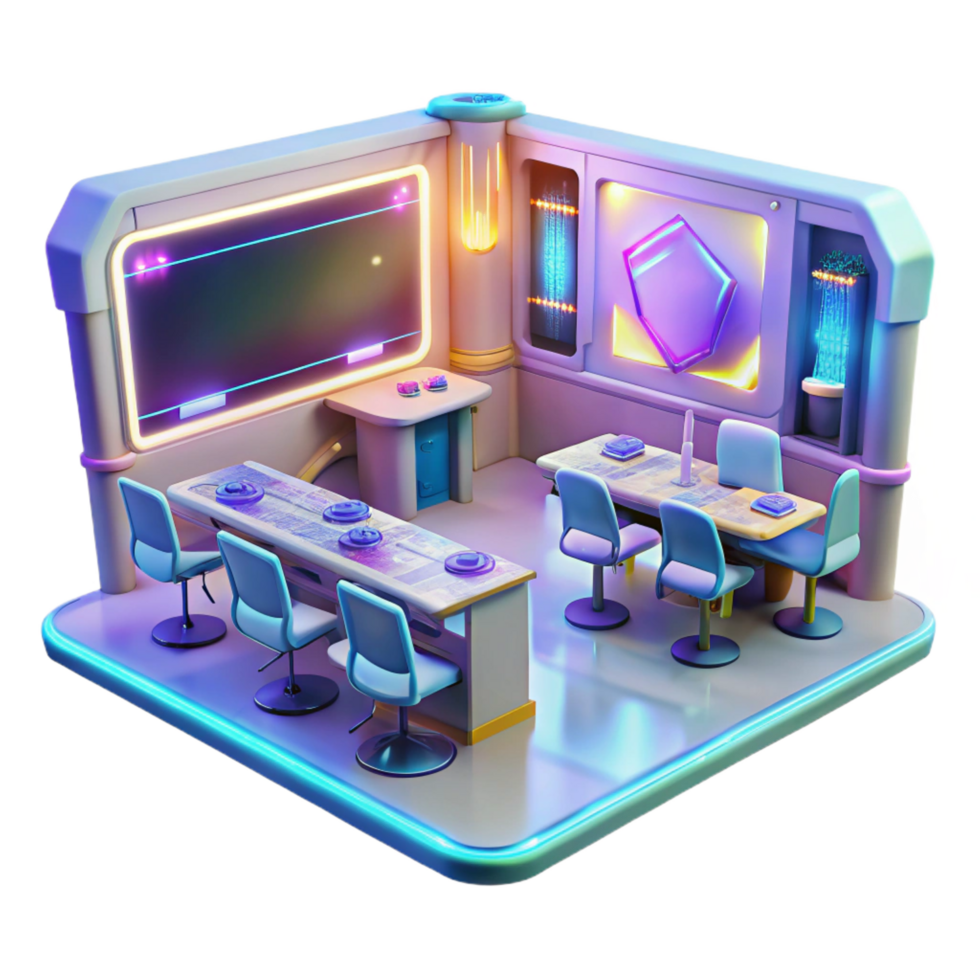 serene bohemian A futuristic classroom, holographic displays, bright lighting, concept art, flawless png