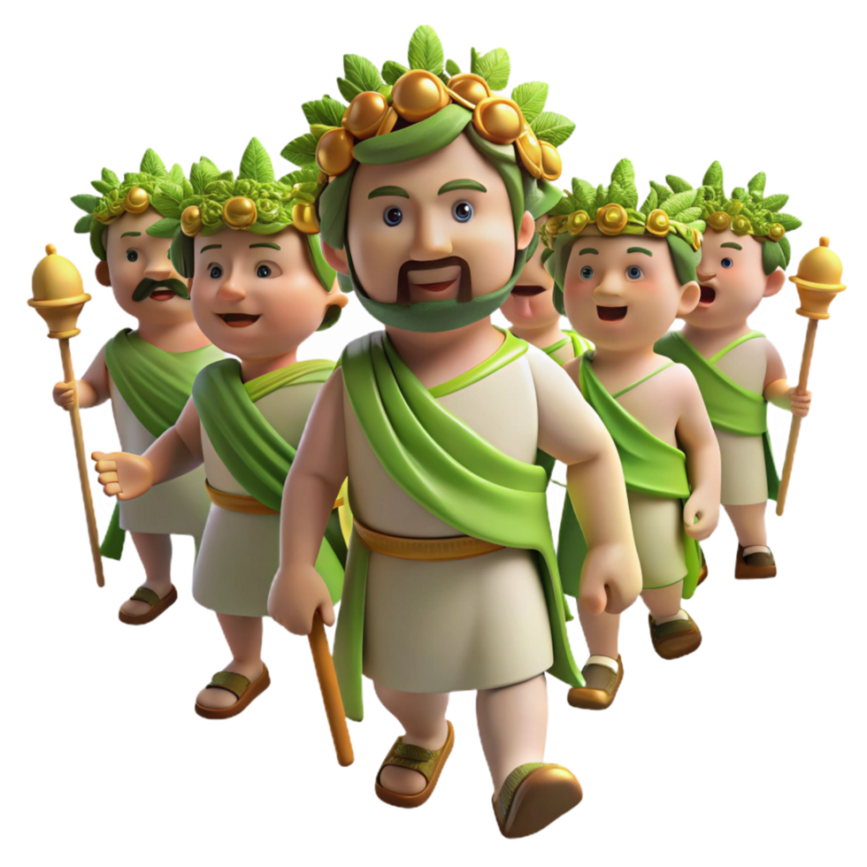 spectacular exceptional A festive Dionysus leading a procession of revelers, crowned with ivy, vibrant and lively, png