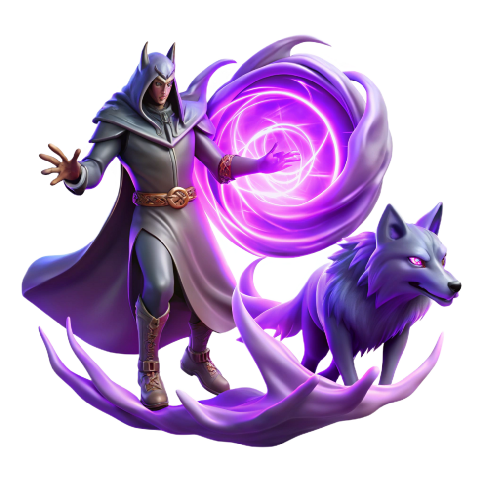 mysterious sumptuous A powerful sorcerer summoning a spectral wolf from a swirling portal of purple energy, dramatic chiaroscuro lighting, in a baroque painting style professional png