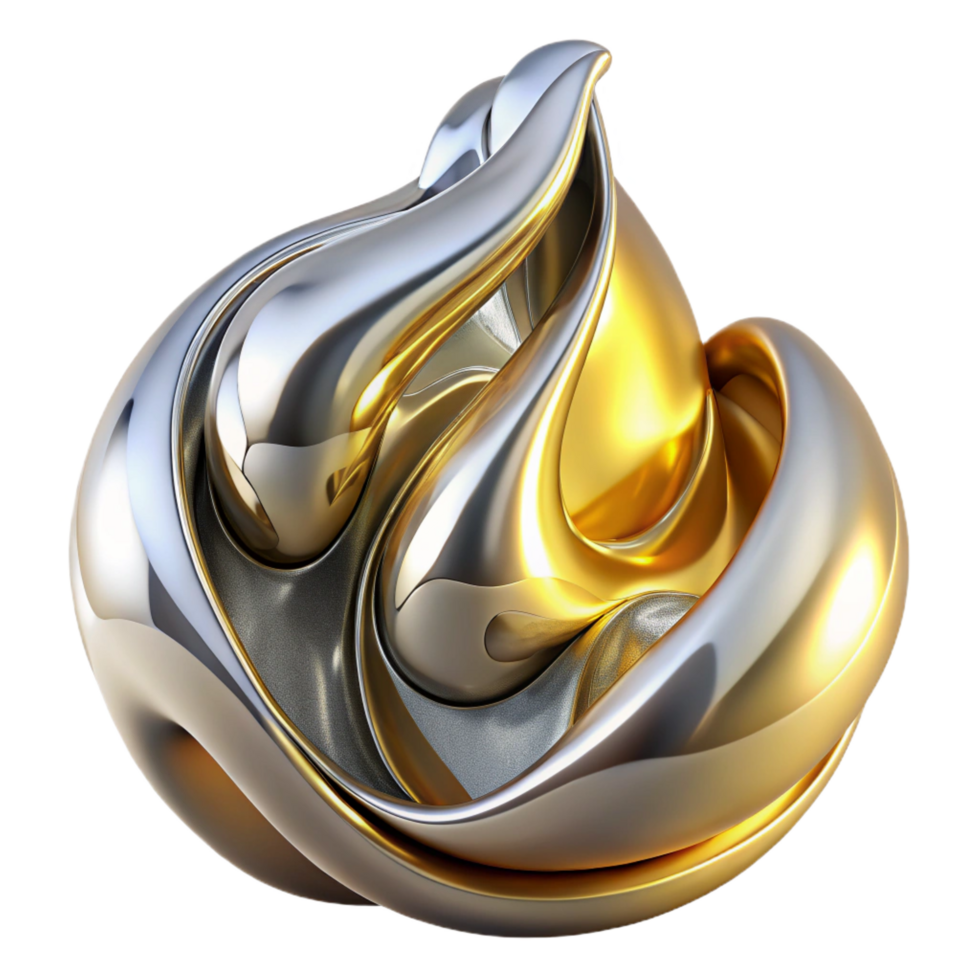 captivating minimalist A flowing, liquid metal sculpture, in shades of chrome and gold, with high contrast, studio lighting, reflecting abstract shapes sharp png
