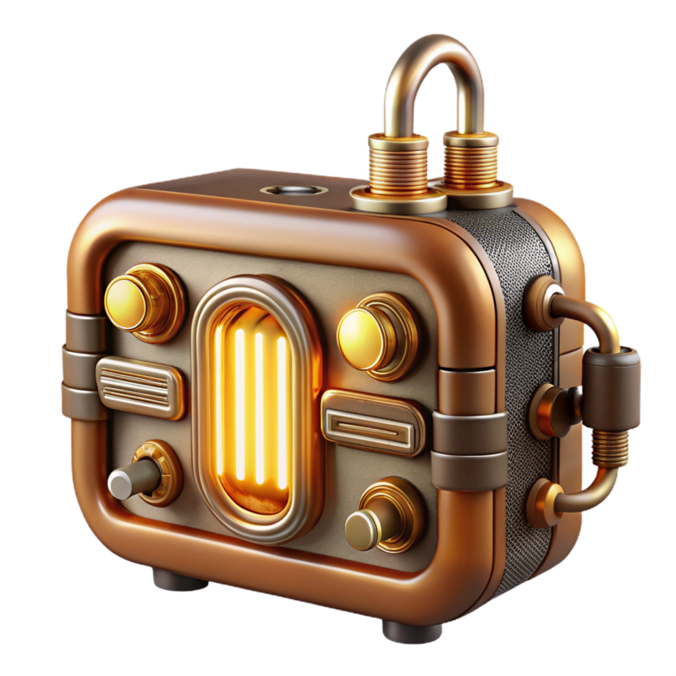 impressive calm elegant A vintage radio transmitting a stream of binary code, glowing tubes and dials, steampunk style, warm lighting top tier png