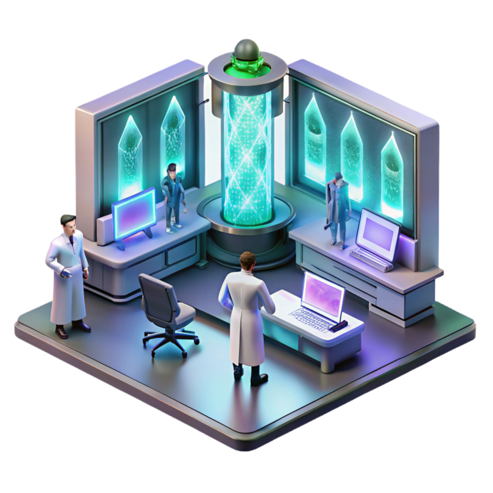 striking modern A futuristic lab filled with glowing screens and holographic projections, scientists working in the background, cyberpunk style, dramatic lighting 8K png